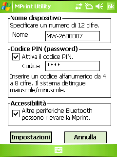 Modifica delle impostazioni della stampante Bluetooth (2) Consente di modificare il nome del dispositivo e il codice PIN (o Password).