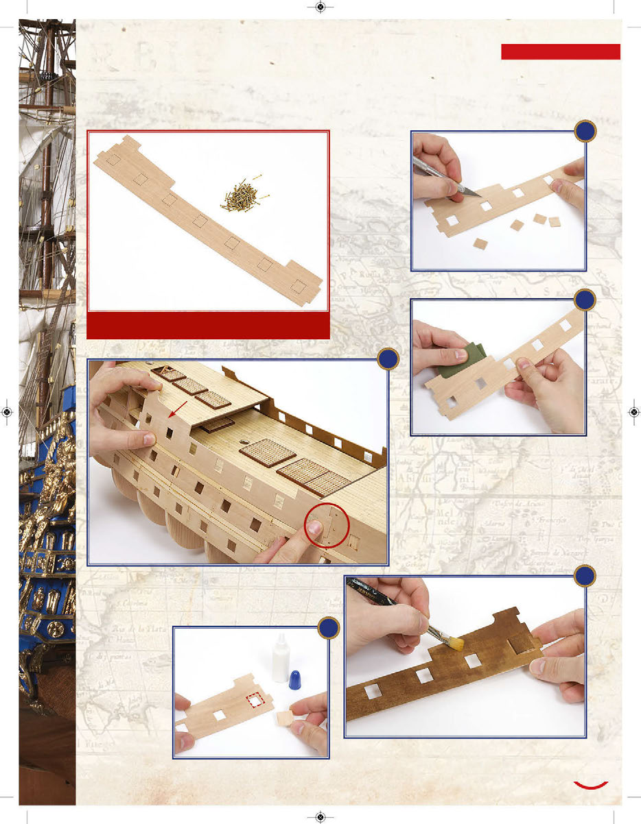 Istruzioni di montaggio SCHEDA 35 Secondo pannello intermedio di feritoie di cannoni 2 35A Incidi col tagliabalsa ed estrai dal pannello i tasselli che chiudono le feritoie. A B.