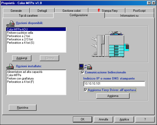 1-7 Configurazione della stampa PostScript con Windows 9x/Me 5. Selezionare Comunicazione bidirezionale. 6. Immettere l indirizzo IP o il nome DNS di GA-1120. 7.