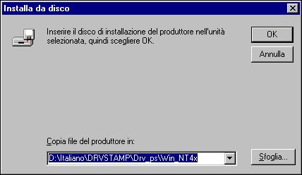 1-17 Configurazione della stampa PostScript con Windows NT 4.0 6. Nella finestra di dialogo con l elenco dei produttori e delle stampanti, fare clic su Disco driver.