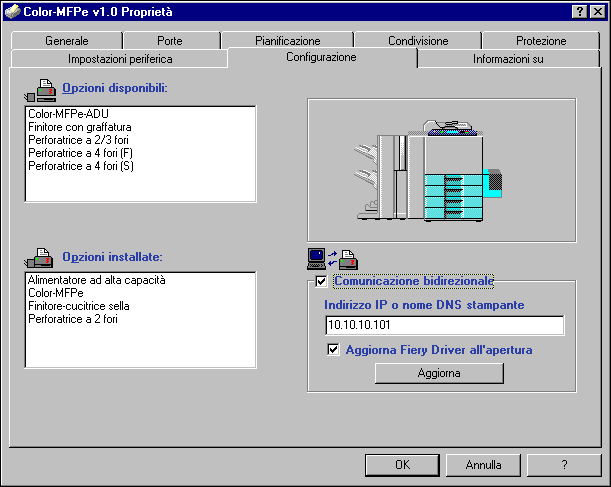 1-21 Configurazione della stampa PostScript con Windows NT 4.0 5. Selezionare Comunicazione bidirezionale. 6. Immettere l indirizzo IP o il nome DNS di GA-1120. 7.