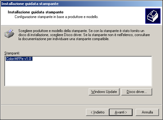 1-29 Configurazione della stampa PostScript con Windows 2000/XP 5. Nella finestra di dialogo con l elenco dei produttori e delle stampanti, fare clic su Disco driver.