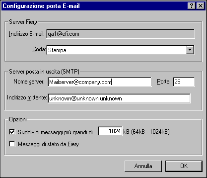 1-43 Installazione dei servizi E-mail 6. Immettere le informazioni richieste per la configurazione della porta e-mail. Indirizzo E-mail Fiery Immettere l indirizzo e-mail di GA-1120.
