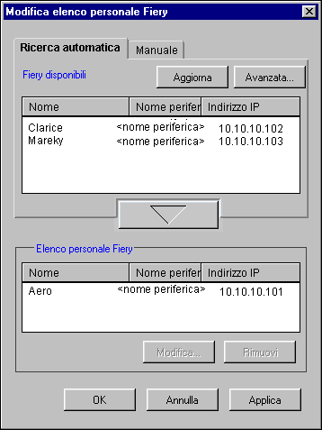 1-56 Installazione del software utente su computer Windows 3. Per aggiungere un server all elenco personale Fiery, selezionarlo e fare clic sul pulsante freccia.