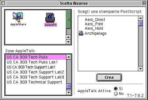 2-3 Configurazione di GA-1120 come stampante PostScript PER CONFIGURARE GA-1120 IN SCELTA RISORSE 1. Selezionare Scelta Risorse dal menu Apple. Accertarsi che AppleTalk sia attiva. 2.