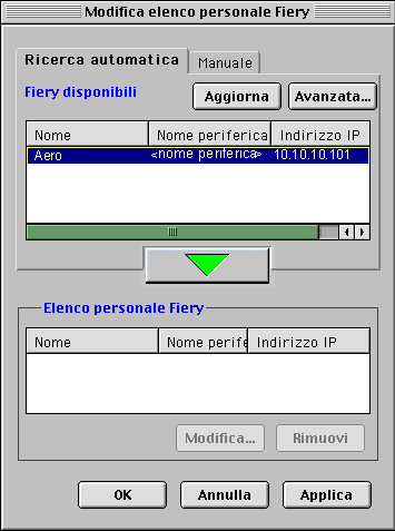 2-14 Installazione del software utente su computer Mac OS 3. Per aggiungere un server all elenco personale Fiery, selezionarlo e fare clic sul pulsante freccia.