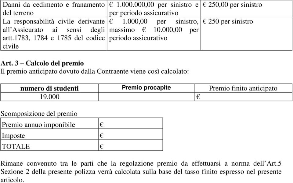 3 Calcolo del premio Il premio anticipato dovuto dalla Contraente viene così calcolato: numero di studenti Premio procapite Premio finito anticipato 19.