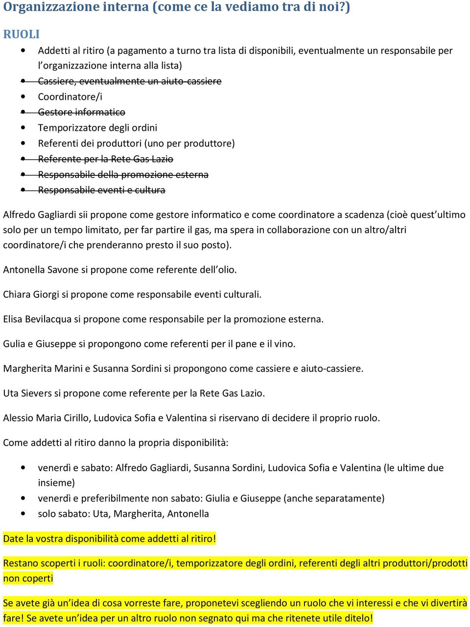 Coordinatore/i Gestore informatico Temporizzatore degli ordini Referenti dei produttori (uno per produttore) Referente per la Rete Gas Lazio Responsabile della promozione esterna Responsabile eventi