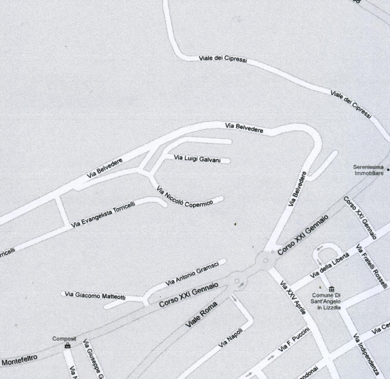 VIA LUIGI GALVANI La via, situata nella parte alta di Montecchio tra Via Belvedere e Via Copernico, è costituita da due sezioni parallele all interno delle quali sorgono degli edifici ad uso