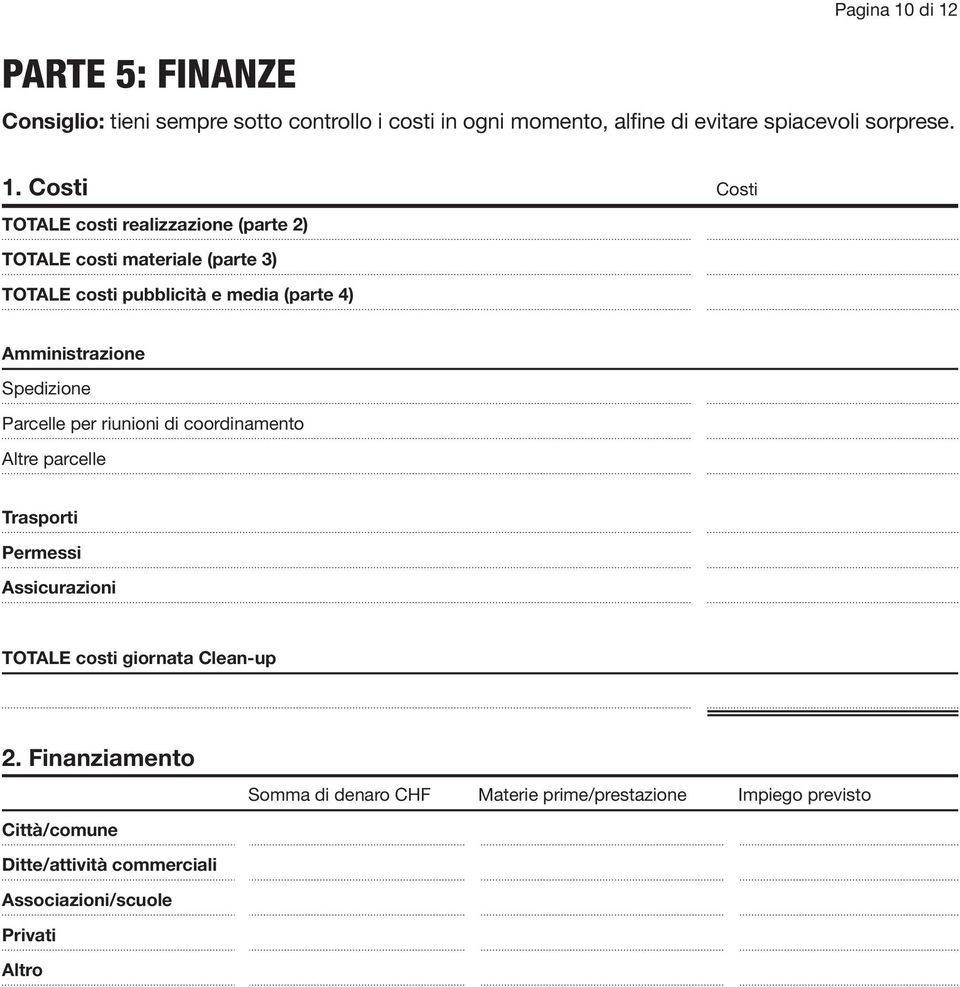 realizzazione (parte 2) TOTALE costi materiale (parte 3) TOTALE costi pubblicità e media (parte 4) Amministrazione Spedizione Parcelle per