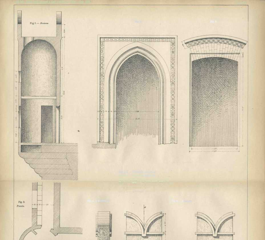 Atti della Società degli Ingegneri e degli Architetti in Torino - Anno 1889. TAV. VI. Fig. 5. Fig. 6. Fig. 1, 2. Torricella. Scala 1 : 50.