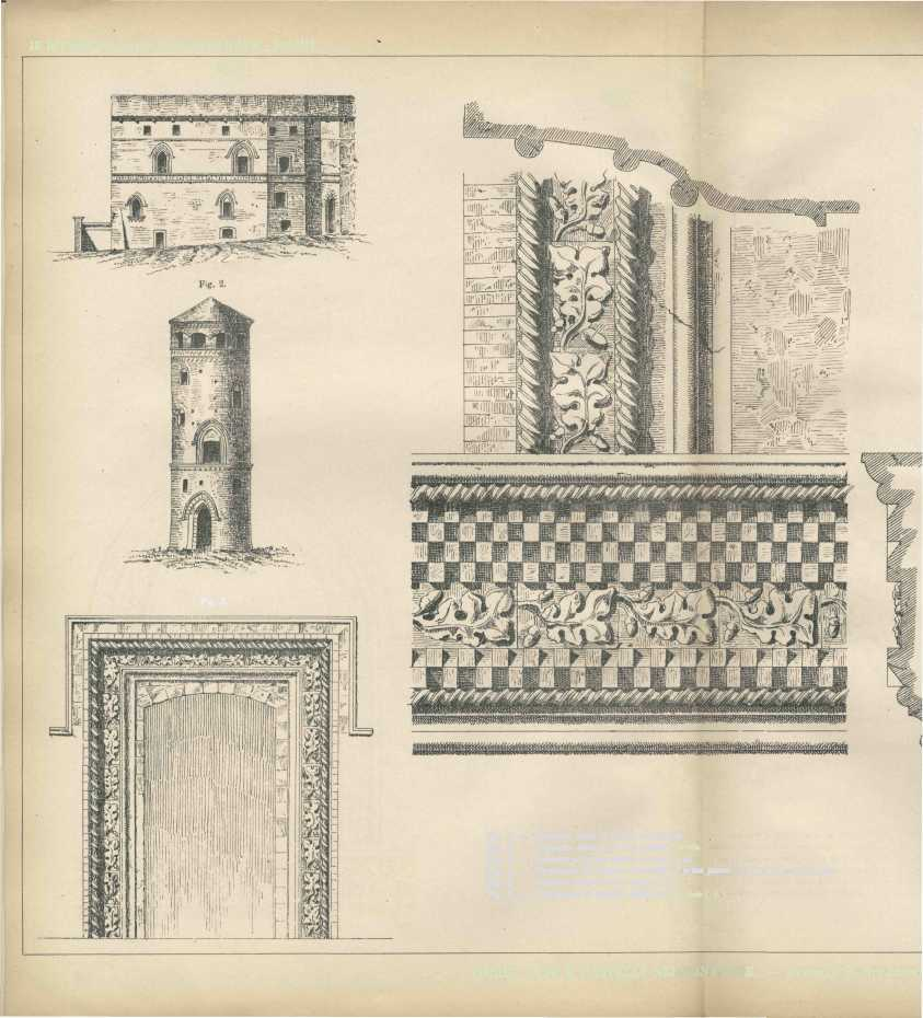 Atti della Società degli Ingegneri e degli Architetti in Torino - Anno 1889. Fig. 1. Fig. 4. Fig. 3. Fig. 1. Prospetto verso il cortile d'ingresso. Fig. 2. Prospetto della torre nel secondo cortile.