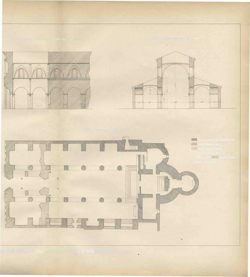 TAV. I. Fig. 2. Sezione longitudinale. Scala 1 : 200. Fig. 3. Sezione trasversale. scala 1 : 200. Fig. 1. Pianta. Scala 1:200. Sezioni muratura antica rimasta intatta. Sezioni muratura nuova.