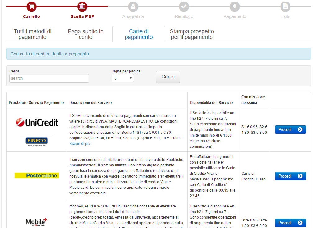 Se si vuole utilizzare la procedura guidata della propria banca, basterà selezionare la modalità Paga Subito in conto (Figura 9 - Scelta modalità pagamento - PSP: Paga subito in conto), cercare la