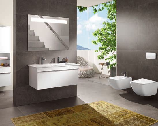 DESIGN SU TUTTA LA LINEA. Lavabo per mobile da 100 cm con mobile sottolavabo, specchio e armadio a colonna, WC e bidet sospesi VENTICELLO Il design è espressione di personalità.