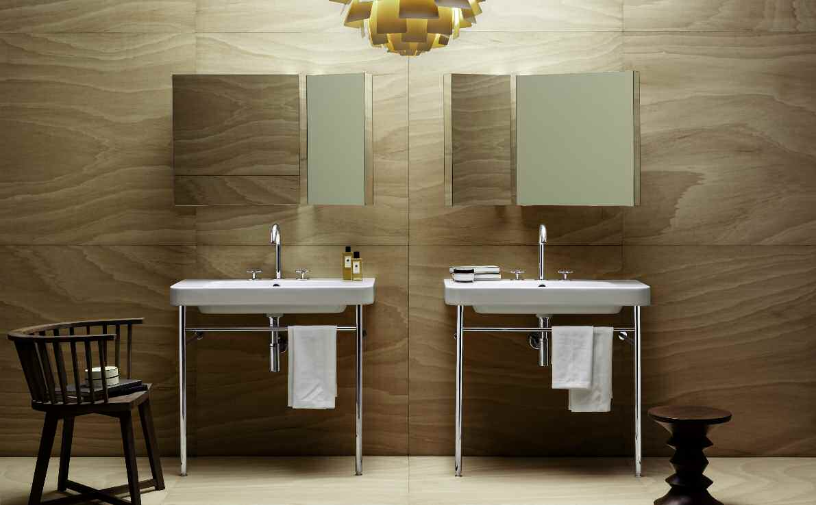 lavabo 90 TUL 290 su struttura in ottone cromato TUST 90. rubinetteria 3 fori LINEA. specchio MIRROR BOOK.