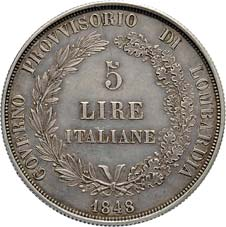 1207 5 Lire 1848 modificato a scatola portamessaggi D/ Valore e data R/ L Italia turrita. All interno immagine di Radetzky. - Gig. 3 (AG) q.