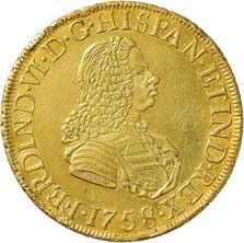 Perù Ferdinando VI, 1746-1760 1512 8 Escudos 1758 LM JM (Lima) - D/ Busto a destra R/ Stemma coronato - Friedberg 20 (AU) Tracce di montatura BB+ 3000 Carlo IV, 1788-1808 1513 8 Reales ME I.