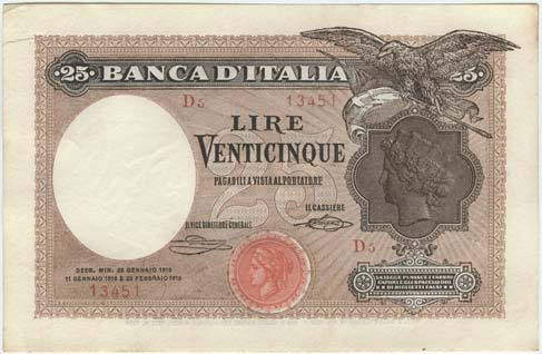 1698 2 Lire Vittorio Emanuele III, buono di cassa 28/12/1917-086 545350 - Gig. BS 7C q.fds 140 Banca d Italia 1702 25 Lire 22/1/1919 - D5 13451 - Gig.