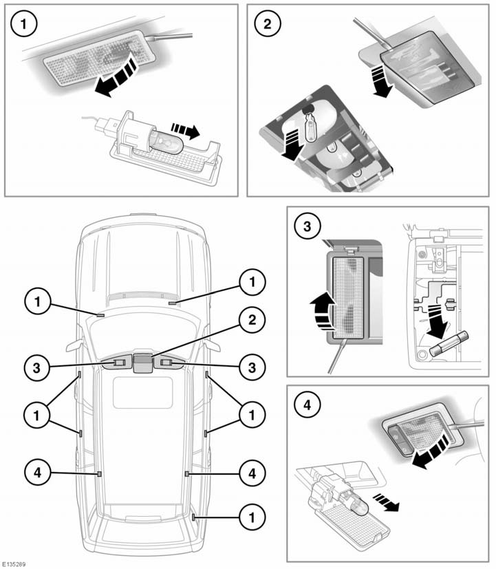 Manutenzione SOSTITUZIONE DELLE LAMPADINE DELLE LUCI ABITACOLO Seguire la procedura illustrata. Inserire una nuova lampadina e rimontare i componenti. 1.