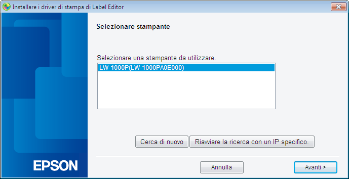 Impostazioni di connessione per il collegamento a un computer 12. Il programma di installazione cerca la rete e visualizza un elenco di stampanti connesse alla rete. Selezionare la stampante da usare.