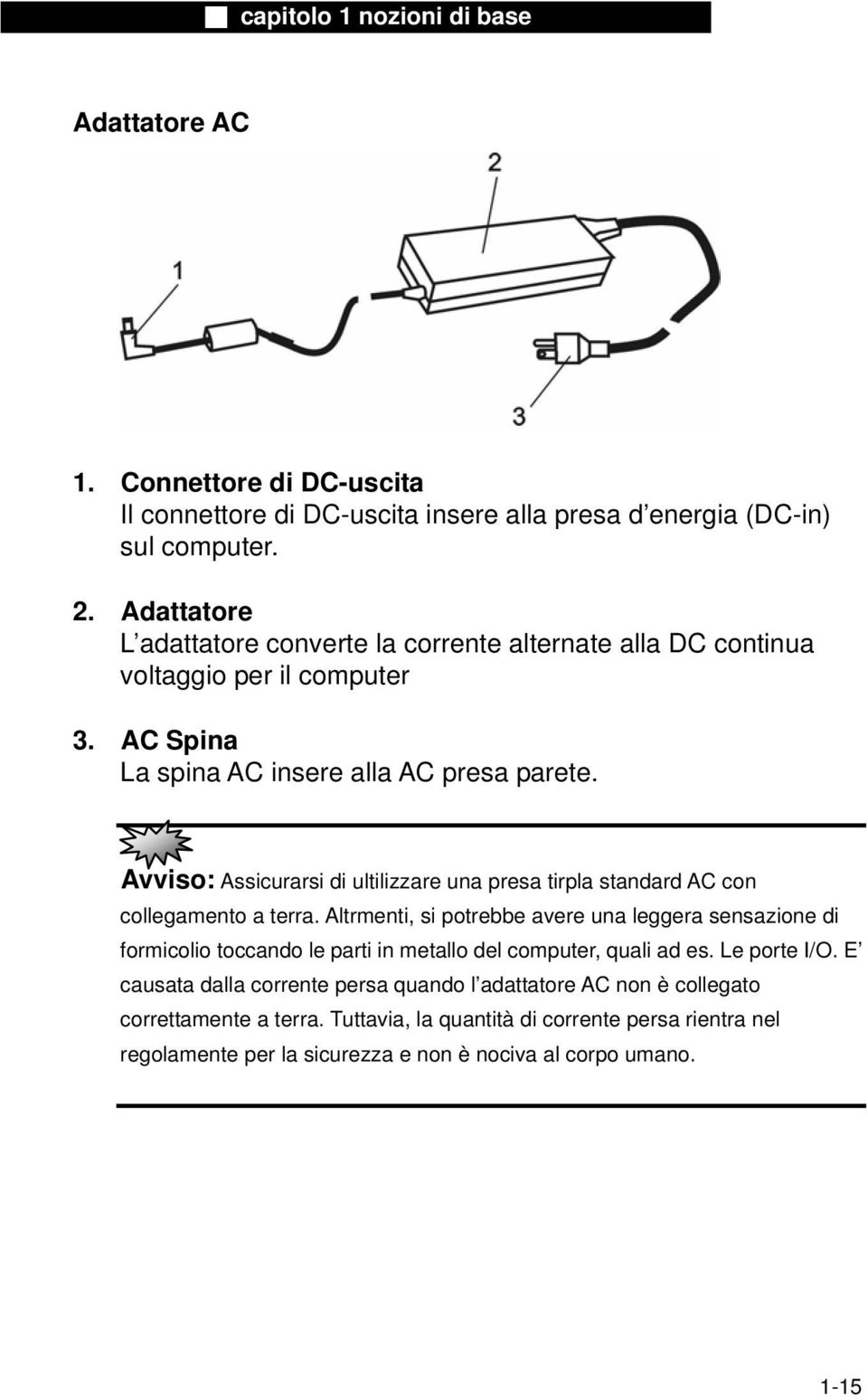 Avviso: Assicurarsi di ultilizzare una presa tirpla standard AC con collegamento a terra.