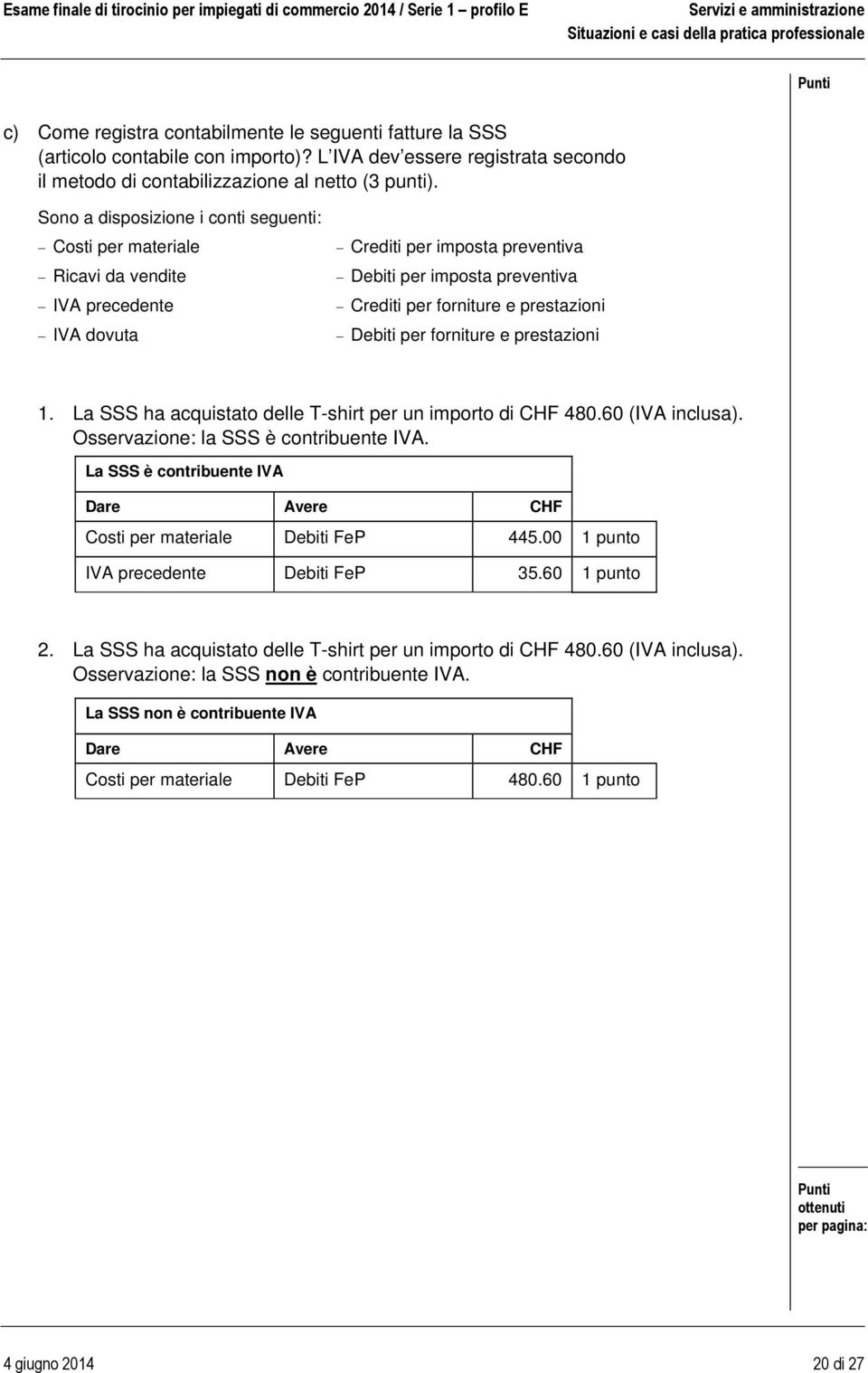 Debiti per forniture e prestazioni 1. La SSS ha acquistato delle T-shirt per un importo di CHF 480.60 (IVA inclusa). Osservazione: la SSS è contribuente IVA.