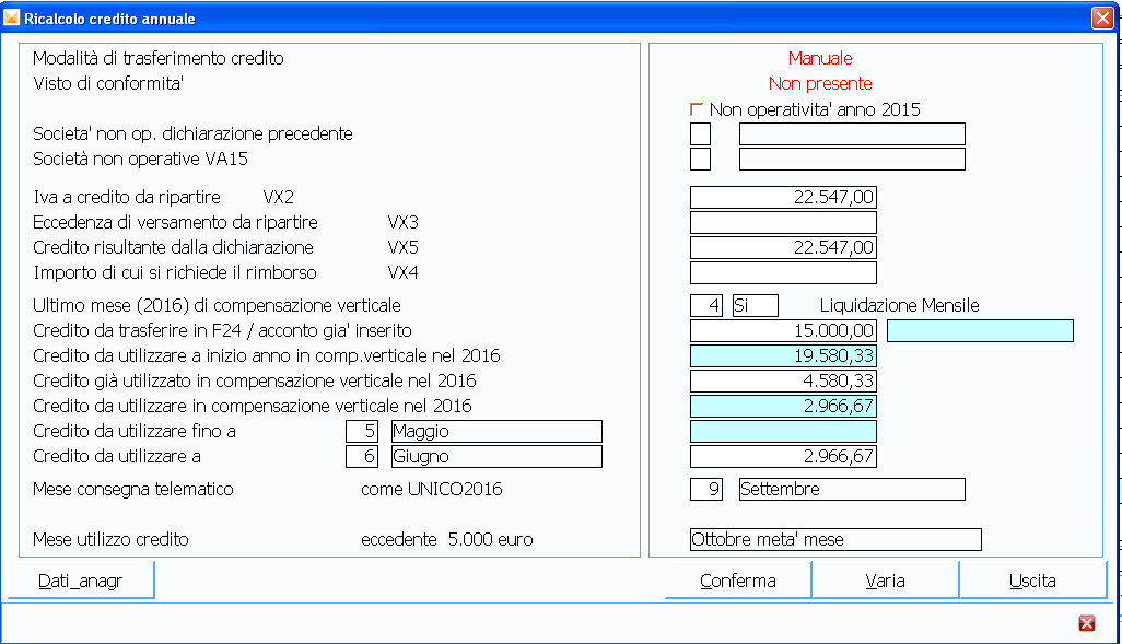 Credito Iva inizio anno = M Manuale: alla chiusura della dichiarazione nel prospetto Ricalcolo credito annuale, sono visualizzati, in alto la modalità di trasferimento del credito ovvero Manuale, il