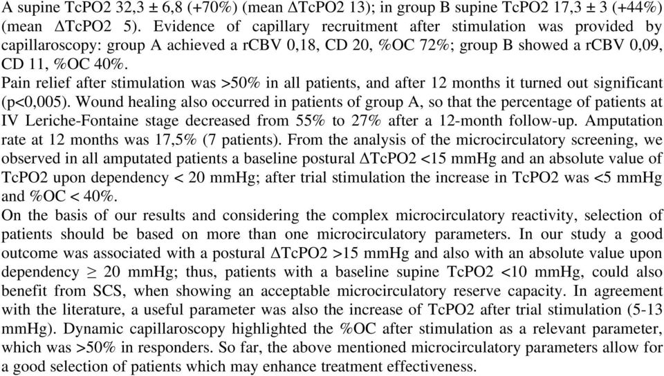 Pain relief after stimulation was >50% in all patients, and after 12 months it turned out significant (p<0,005).
