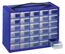 cassettiere mobil plastic "espace 30" colore blu monoblocco composto da 30 cassetti più 30 divisori estraibili, dimensioni: esterne: mm. L.365 - P.150 - H.270 interne: mm. L.60 - P.137 - H.