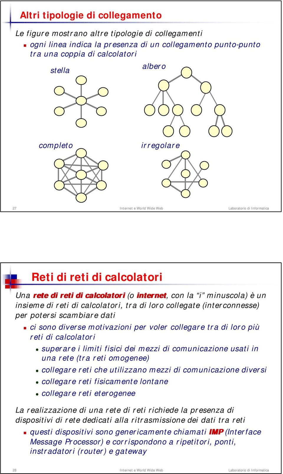 scambiare dati ci sono diverse motivazioni per voler collegare tra di loro più reti di calcolatori superare i limiti fisici dei mezzi di comunicazione usati in una rete (tra reti omogenee) collegare