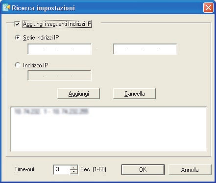 Ricerca delle periferiche Fare clic sul pulsante Impostazioni nella finestra Periferiche Rilevate per aprire la finestra Ricerca impostazioni. 1 2 3 4 5 6 7 8 Configurazione Direct Printing System 1.