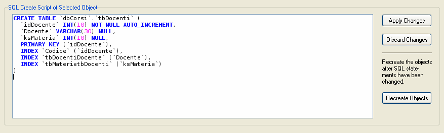 Nella finestra SQL Create Script of Selected Object compare l istruzione SQL con l errore.