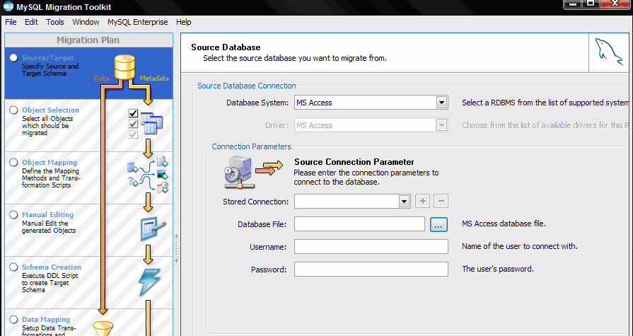 selezionare il tipo di database (in questo esempio : MS Access) Guida all