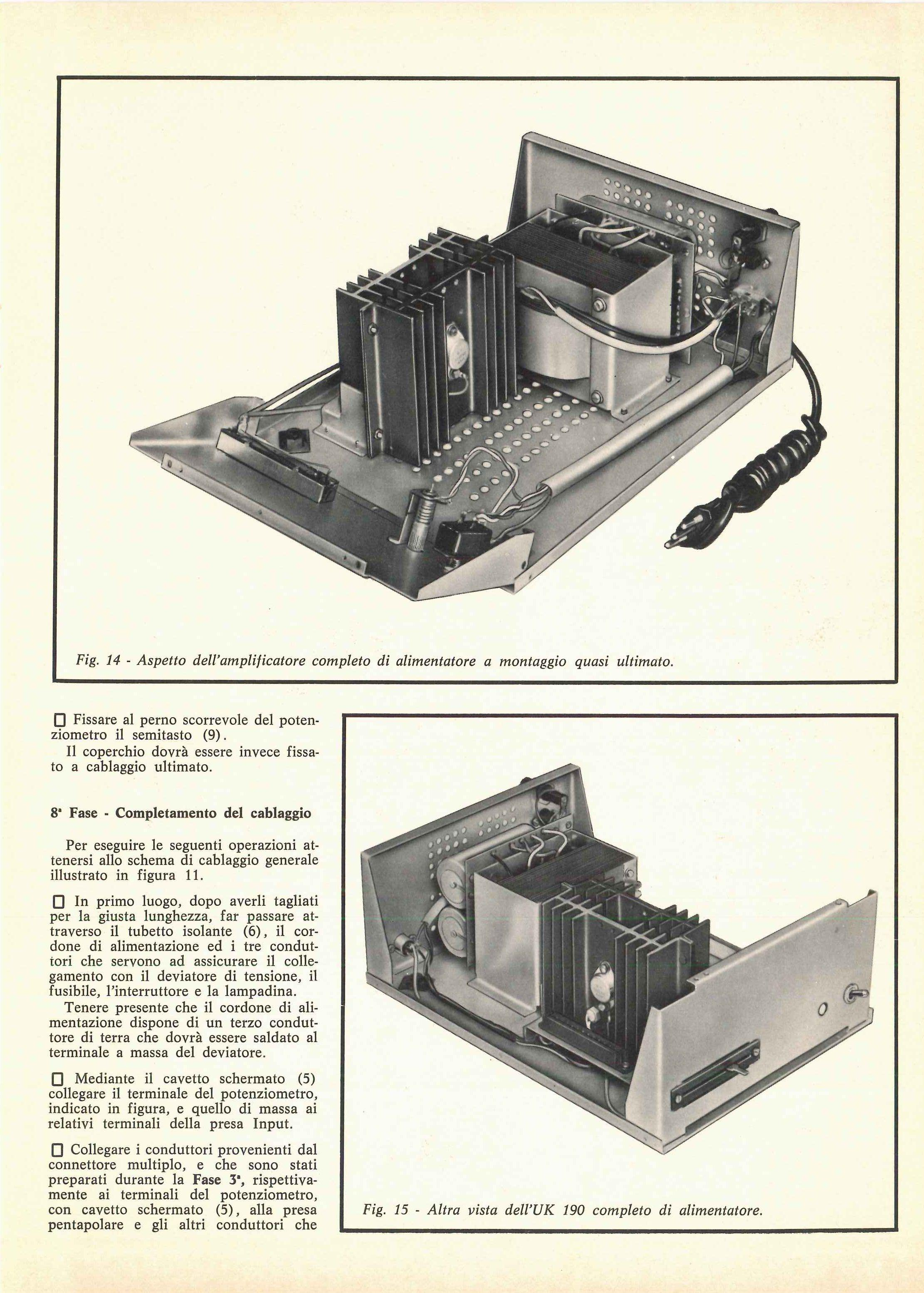 Fig. 14 - Aspetto dell'amplificatore completo di alimentatore a montaggio quasi ultimato. Fissare al perno scorrevole del potenziometro il semitasto (9).