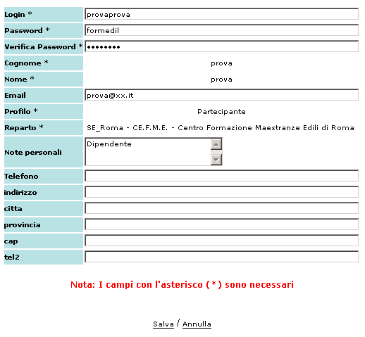 5. Il menu funzionale Come accennato in precedenza, il menu funzionale (sezione di sinistra) consente al partecipante di: verificare e/o modificare i propri dati personali forniti in fase di