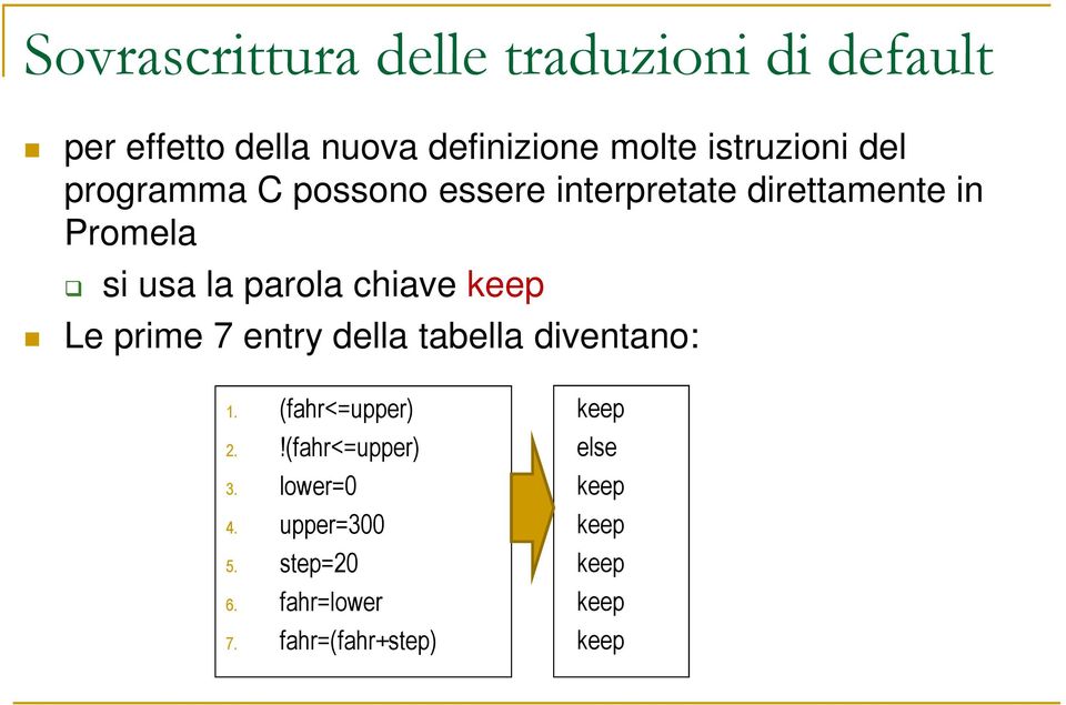 parola chiave keep Le prime 7 entry della tabella diventano: 1. (fahr<=upper) 2.