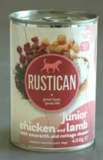 NEW RUSTICAN - ALIMENTI PER CANE JUNIOR POLLO & AGNELLO 400 G C165900 Composizione: carne e derivati (pollo 35%, agnello 30%), vegetali e derivati (amaranto 3%), latte e derivati (formaggio cottage