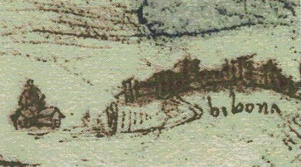 Ingrandimento della Cartina della Toscana Occidentale Leonardo Da Vinci Raffigurazione del Castello di Bibbona, con la Chiesa di