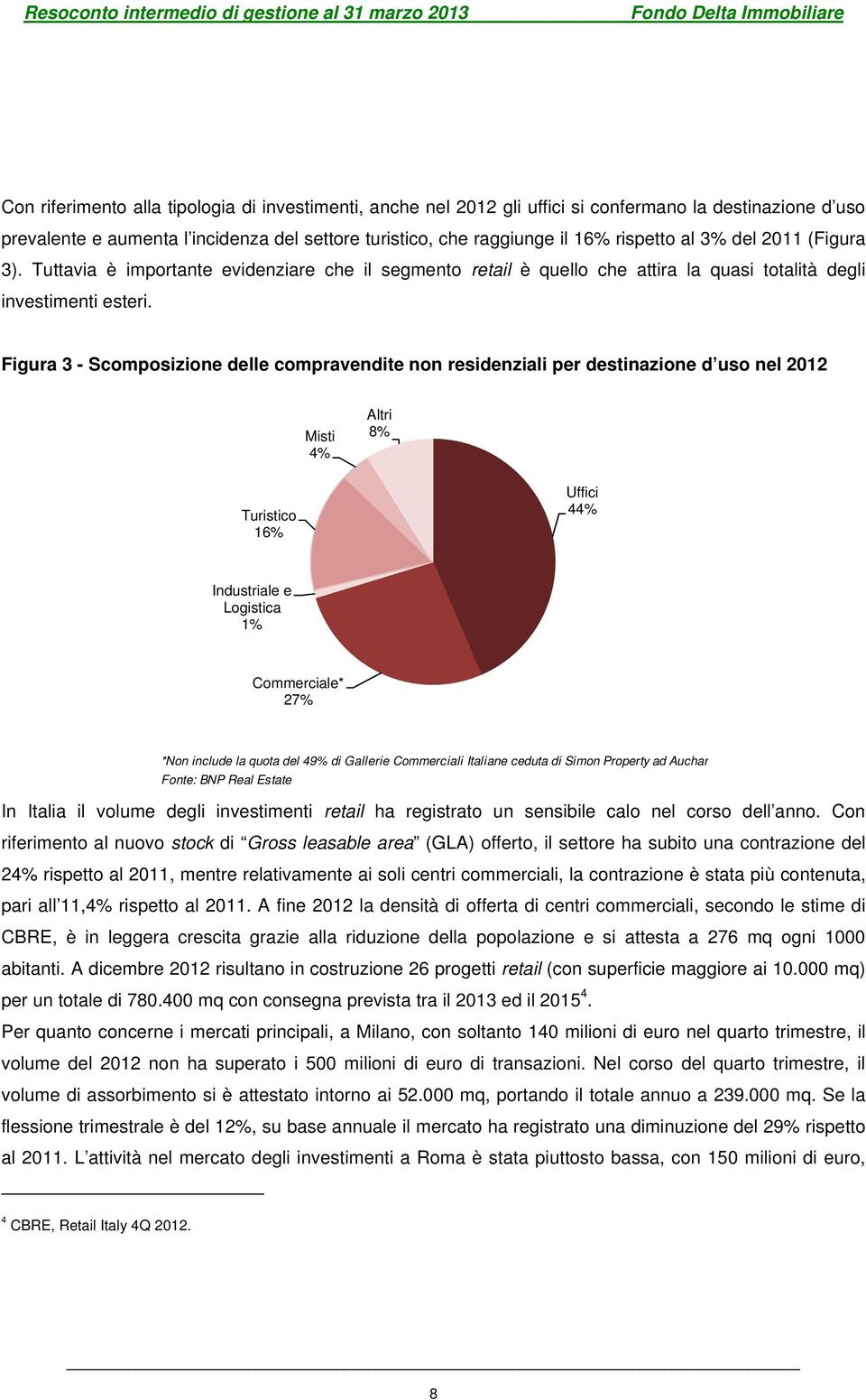 Figura 3 - Scomposizione delle compravendite non residenziali per destinazione d uso nel 2012 Misti 4% Altri 8% Turistico 16% Uffici 44% Industriale e Logistica 1% Commerciale* 27% *Non include la