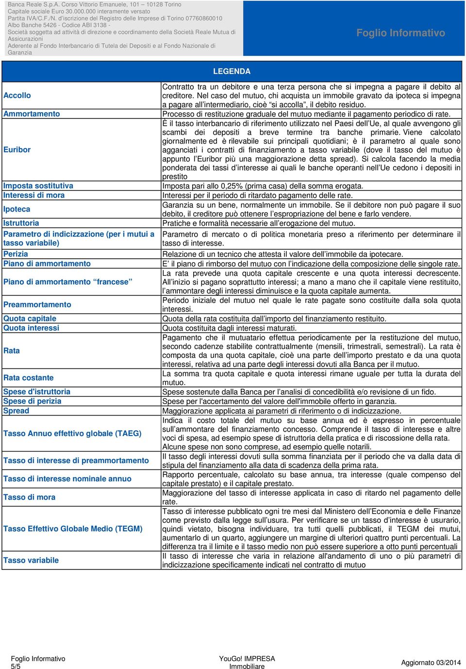 preammortamento Tasso di interesse nominale annuo Tasso di mora Tasso Effettivo Globale Medio (TEGM) Tasso variabile Contratto tra un debitore e una terza persona che si impegna a pagare il debito al