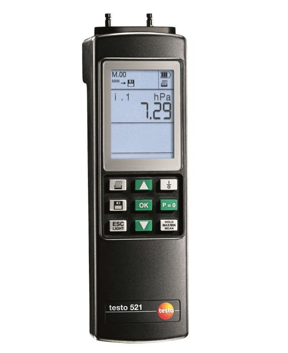 testo 521-1, manometro per pressione differenziale da 0 a 100 hpa, con batteria e protocollo di collaudo Descrizione testo 521, manometro per pressione differenziale ad alta precisione, dotato di