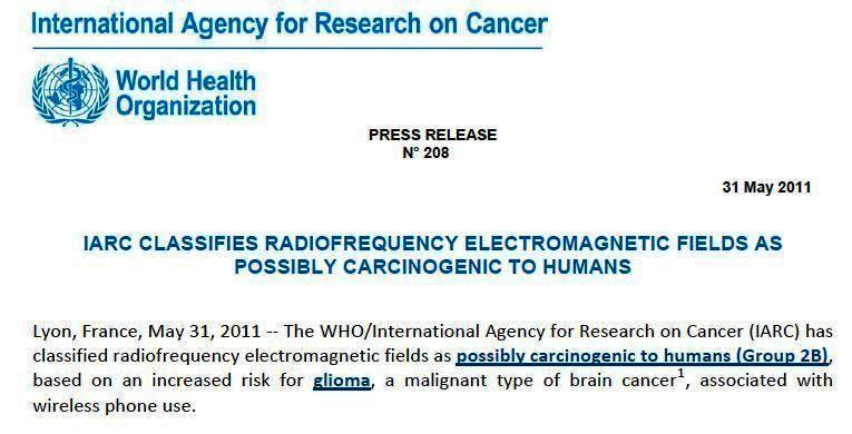 Allarme intensificato La IARC un agenzia specialistica dell OMS ha classificato i campi elettromagnetici a radiofrequenza come possibili cancerogeni per