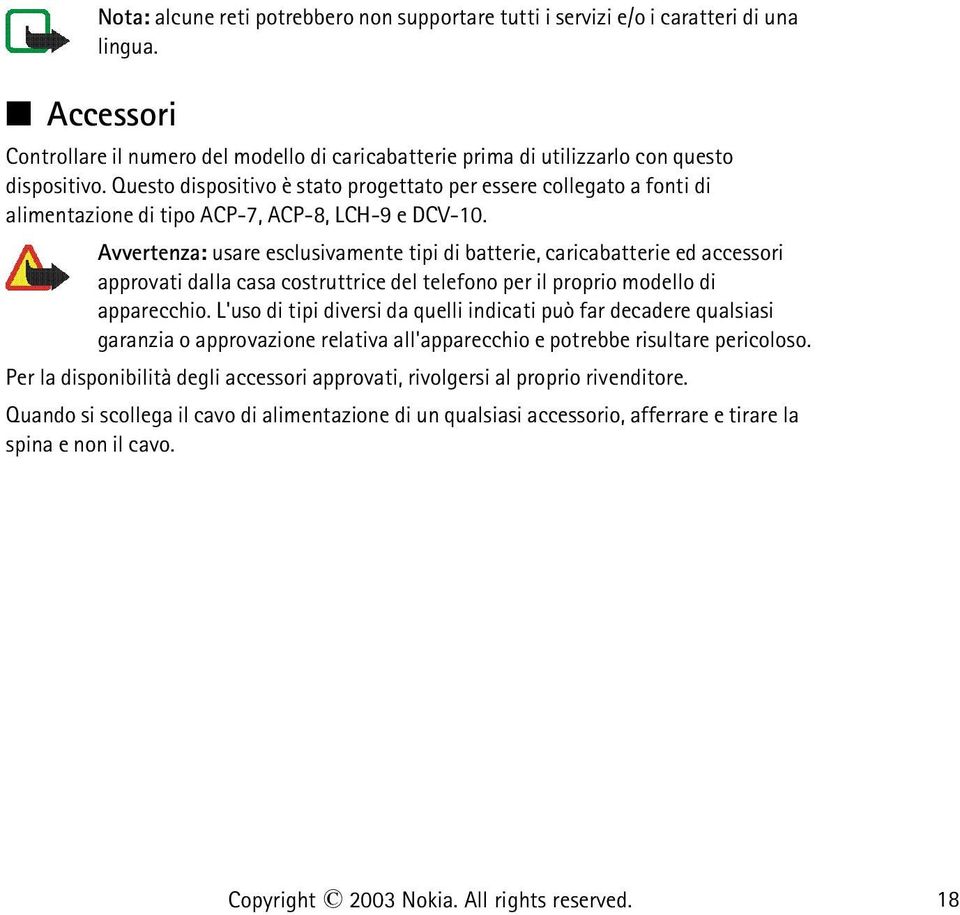 Avvertenza: usare esclusivamente tipi di batterie, caricabatterie ed accessori approvati dalla casa costruttrice del telefono per il proprio modello di apparecchio.