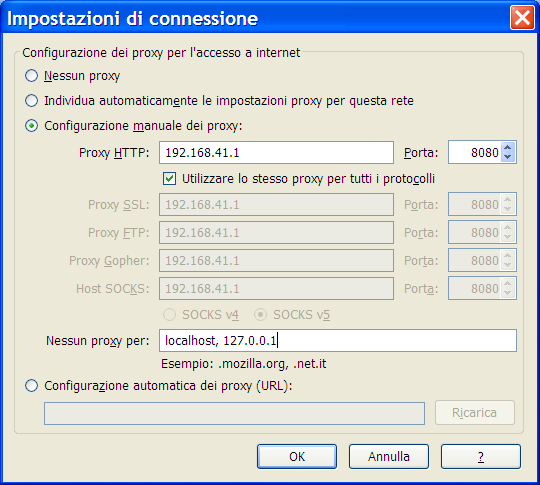 Sistema (6) Impostazione proxy server: L immagine mostra i campi presenti ipotizzando che la rete interna di un azienda