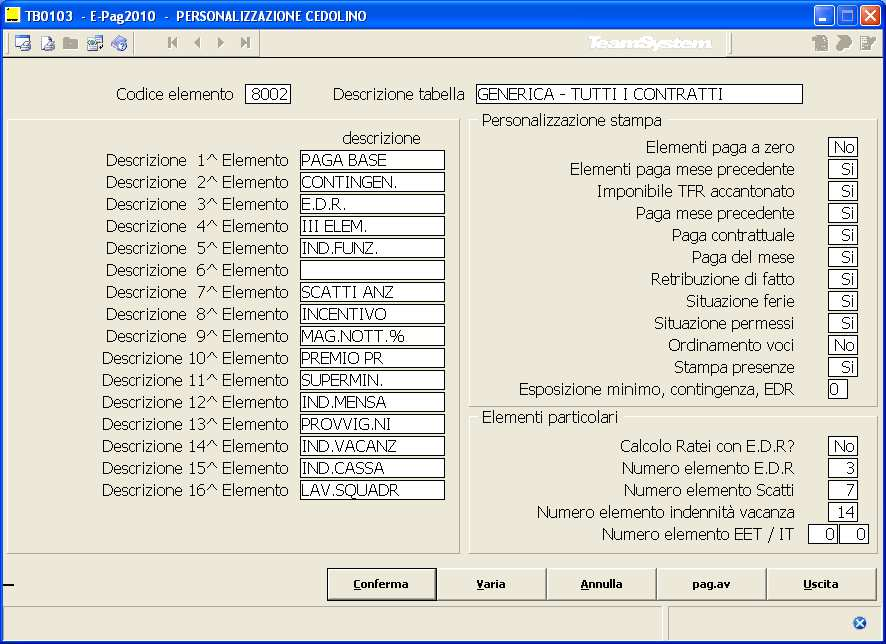 Archivi di base Tabelle procedura TB0103 3.2 Elementi della retribuzione La Tabella personalizzazione cedolino contiene le descrizioni degli elementi che compongono la retribuzione di fatto.