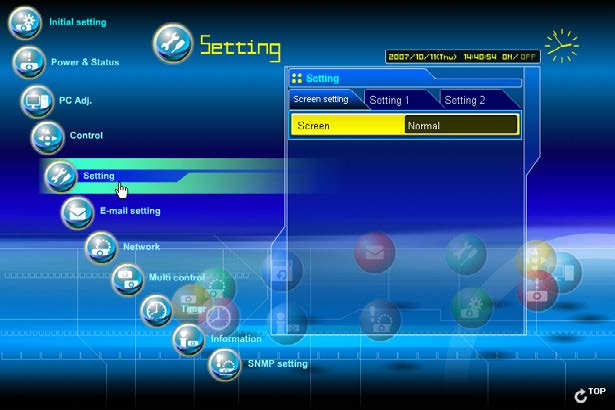 Impostazione del proiettore Impostazione del proiettore Fare clic su Setting sul menu principale. Questa funzione serve a configurare le impostazioni del proiettore.