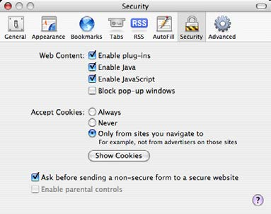 Impostazione del browser Web Esempi: sistema operativo/browser MAC OS X versione 10.