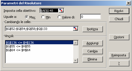 Per meglio comprendere l utilizzo del Risolutore di Excel si ricorda come nei problemi di ottimizzazione sia opportuno specificare tre tipologie di valori: la cella obiettivo, le celle da variare, e