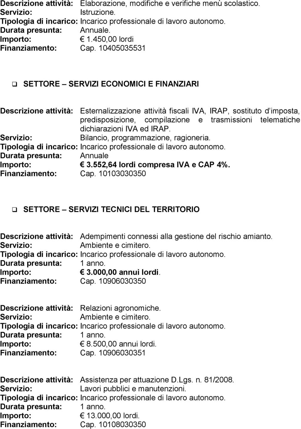 dichiarazioni IVA ed IRAP. Bilancio, programmazione, ragioneria. Durata presunta: Annuale 3.552,64 lordi compresa IVA e CAP 4%. Finanziamento: Cap.